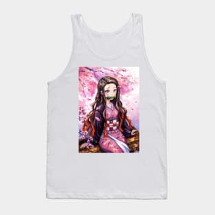 Watercolor Nezuko Under Sakura Tree- Demon Slayer Fanart Tank Top